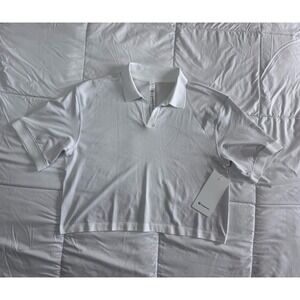 New Lululemon Womens White Swiftly Tech Relaxed Fit Striped Crop Polo Shirt 10